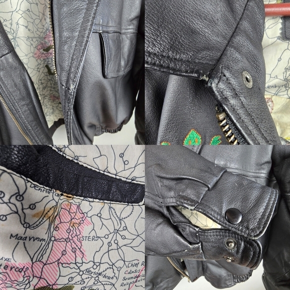 BURKS BAY Genuine Leather Bomber Jacket Map Print inside Embroidered Black Wm XL - Picture 10 of 16